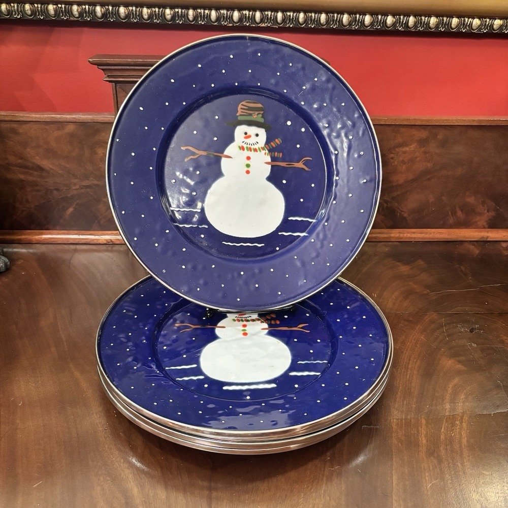 Denise Harvey Golden Rabbit II 1997 Snowman Christmas Enamelware Plates Set 5